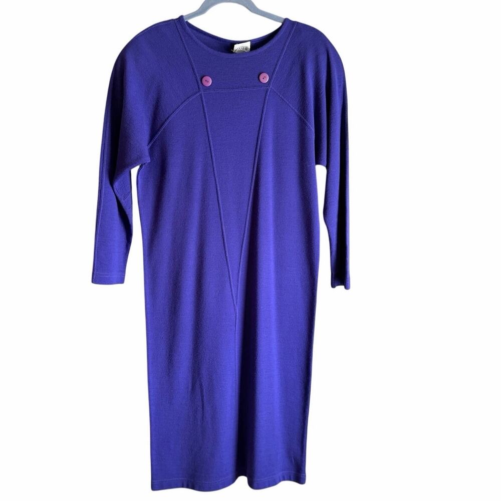 Vintage 80s axiom royal purple long sleeve dress button accent news reporter M